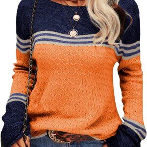 Fashionable Orange Striped Pullover - Lightweight Crewneck Sweater for Women